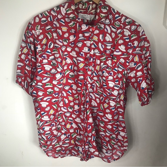 VINTAGE | 90s Karen Scott Red Hat Print Button Up - Picture 5 of 5